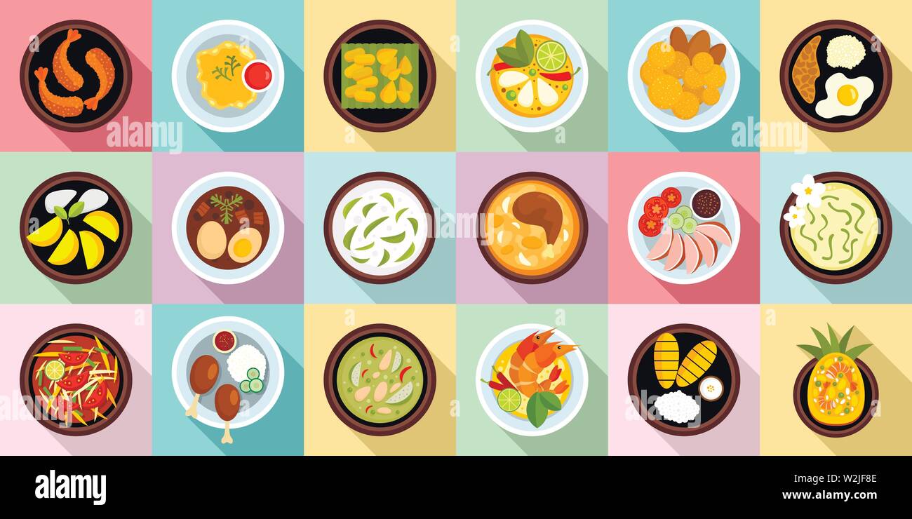 Thai Food Symbole gesetzt. Flache Satz von Thai Food Vector Icons für Web Design Stock Vektor