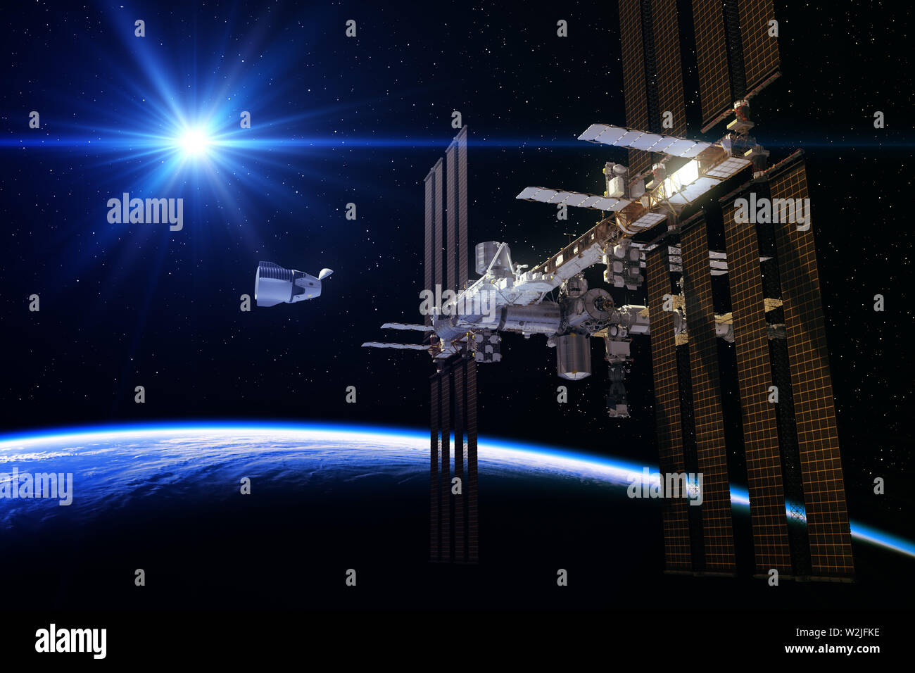Kommerzielle Satelliten und die Internationale Raumstation in den Strahlen der Sonne 3D-Abbildung. Stockfoto