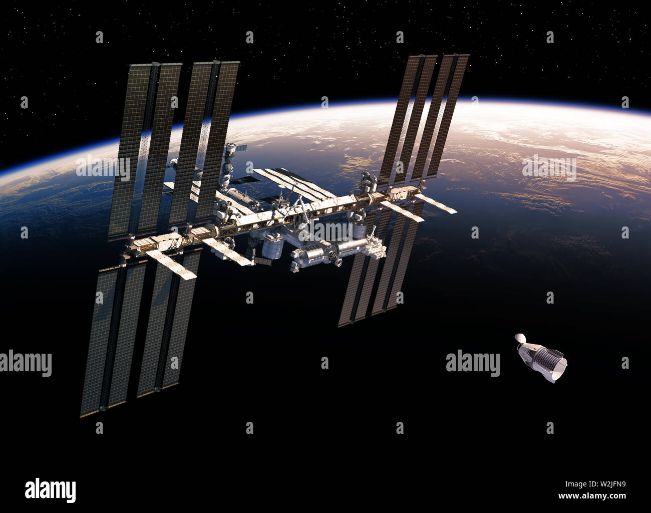 Kommerzielle Satelliten und die Internationale Raumstation umkreist die Erde. 3D-Darstellung. Stockfoto