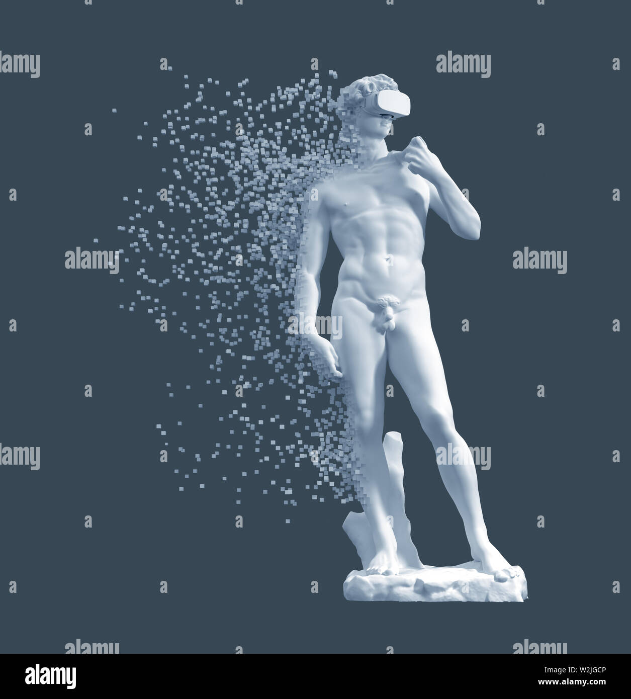 Digitale Auflösung der Skulptur David mit VR-Brille auf blauem Hintergrund. 3D-Darstellung. Stockfoto