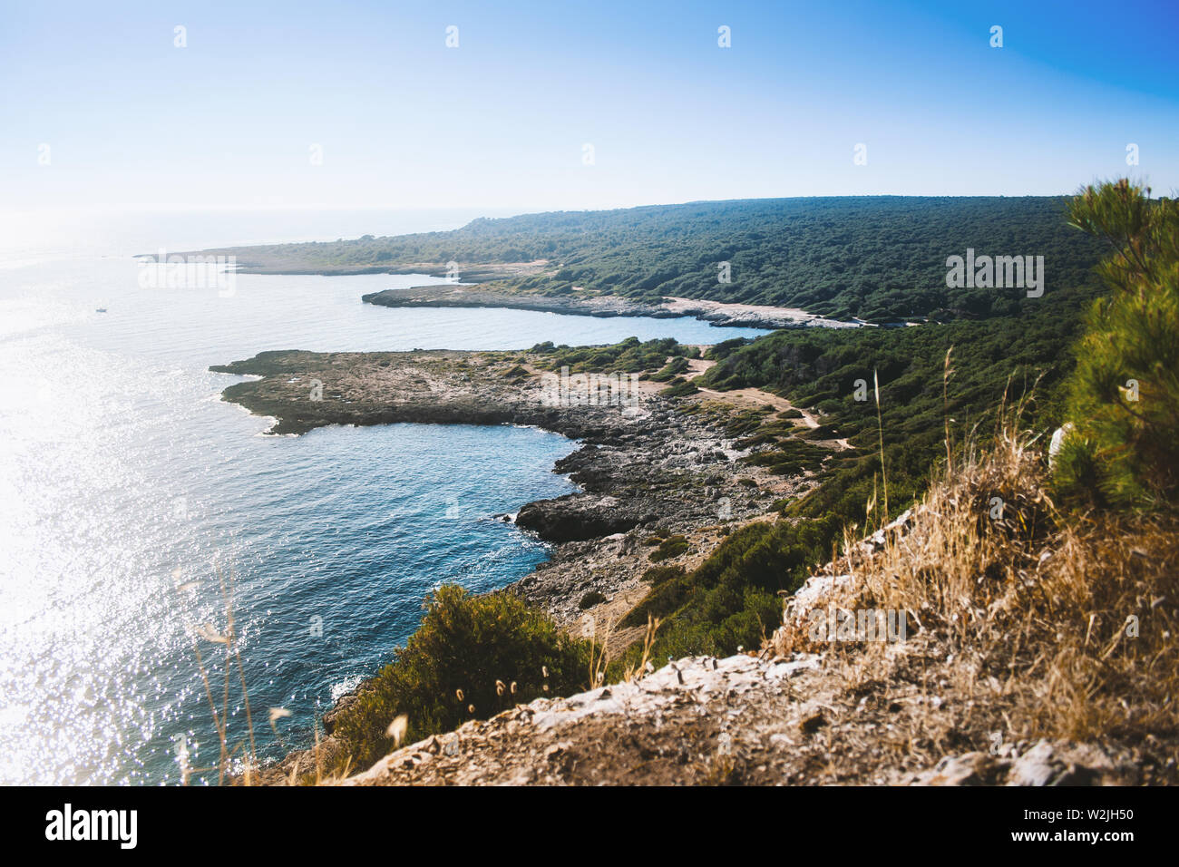 Blick auf die schönen Klippen. Meer im Salento, Apulien, Italien. Nardò, Provinz Lecce. Natur und Marine behält sich das Konzept. Stockfoto