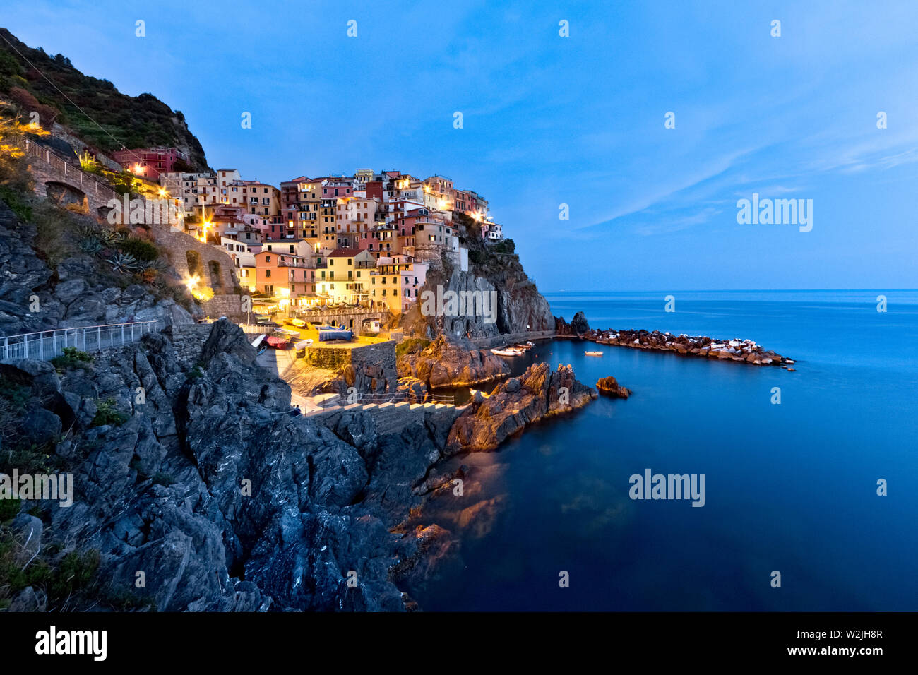 Abend in Manarola. Cinque Terre, Ligurien, Italien. Stockfoto