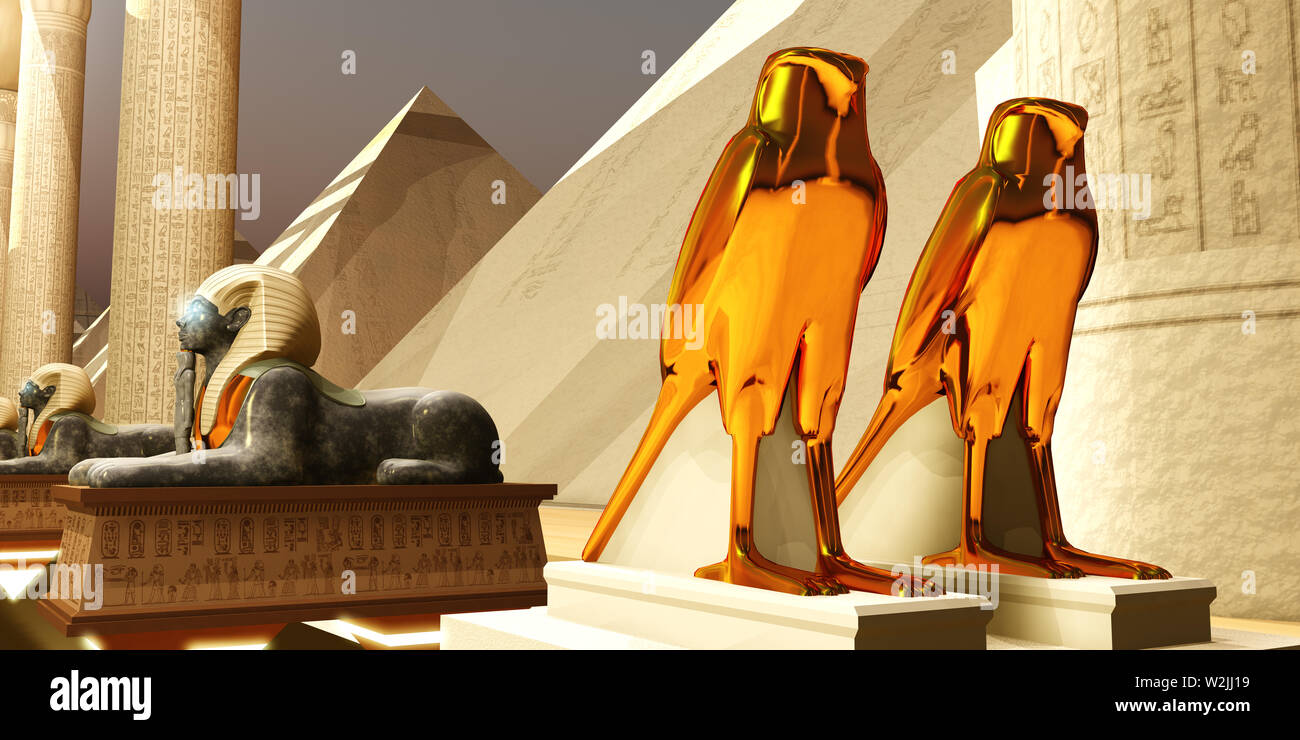 Die Falcon Statuen stellen der ägyptische Gott Horus als Beschützerin und Herrscher der ägyptischen Dynastie. Stockfoto