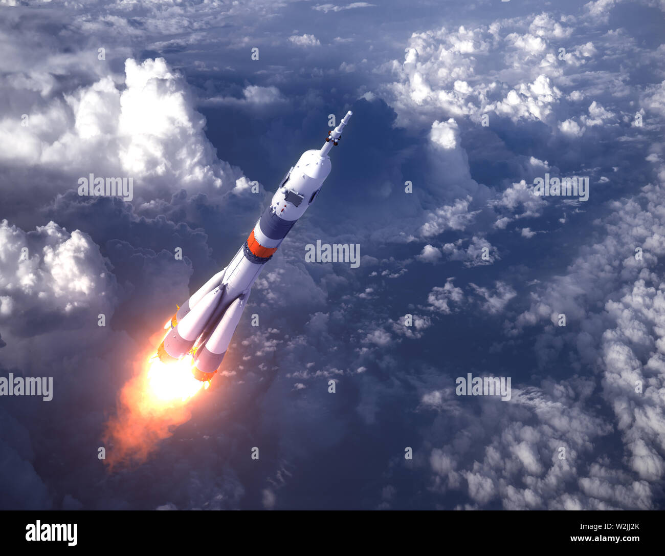 Russische Trägerrakete Einführung in die Wolken. 3D-Darstellung. Stockfoto