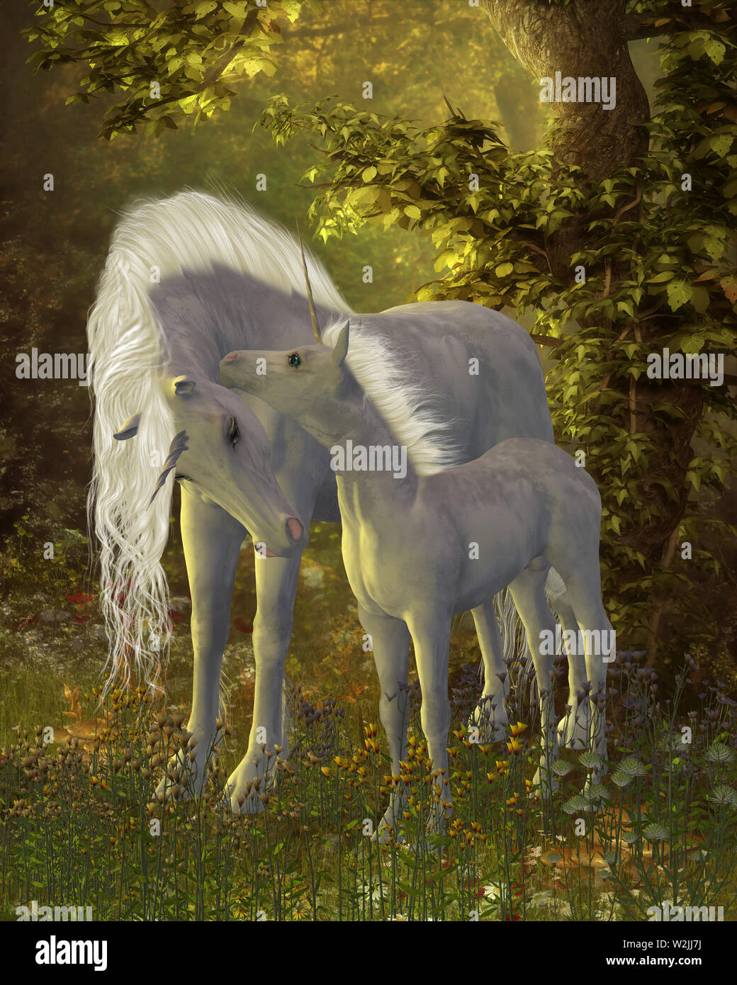 Einhorn kleben - ein weißes Einhorn mare zeigt ihre Zuneigung für Ihren kleinen Colt in einem magischen Wald voller legendäre Kreaturen. Stockfoto