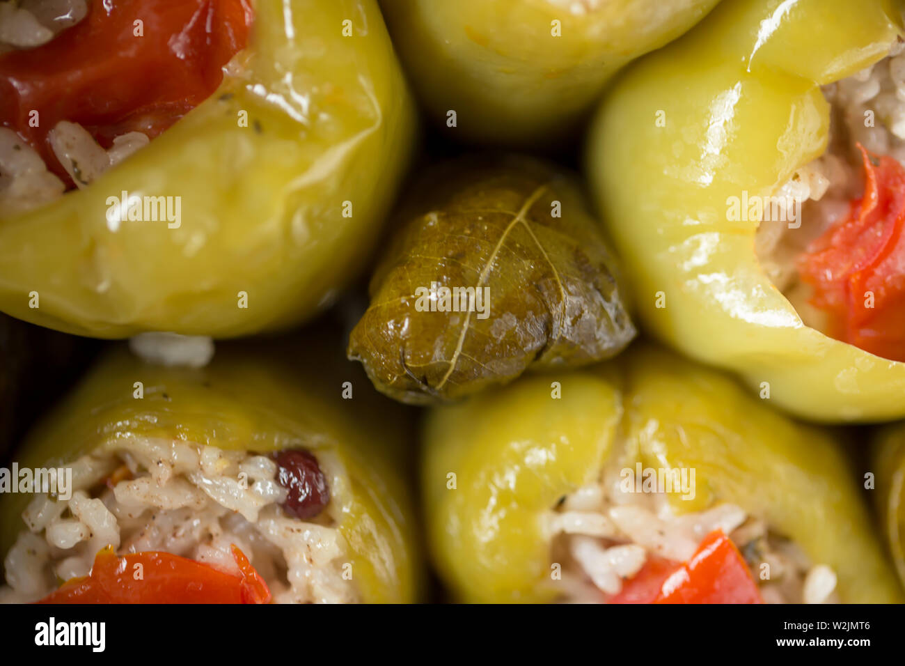 Traditionelle türkische Gerichte: gefüllte Paprika mit Olivenöl und gefüllte Weinblätter; Stockfoto