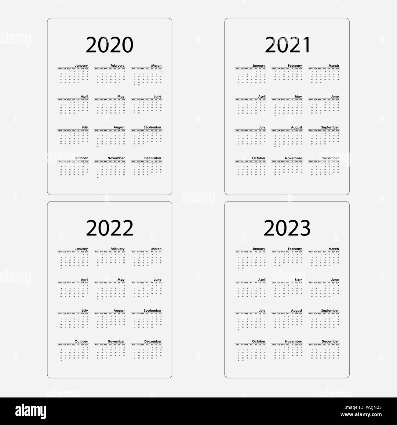 Kalender 2020, 2021,2022 und 2023 Vorlage Kalender. Kalender Design. Kalender vektor design Briefpapier Vorlage. Vector Illustration. Stock Vektor