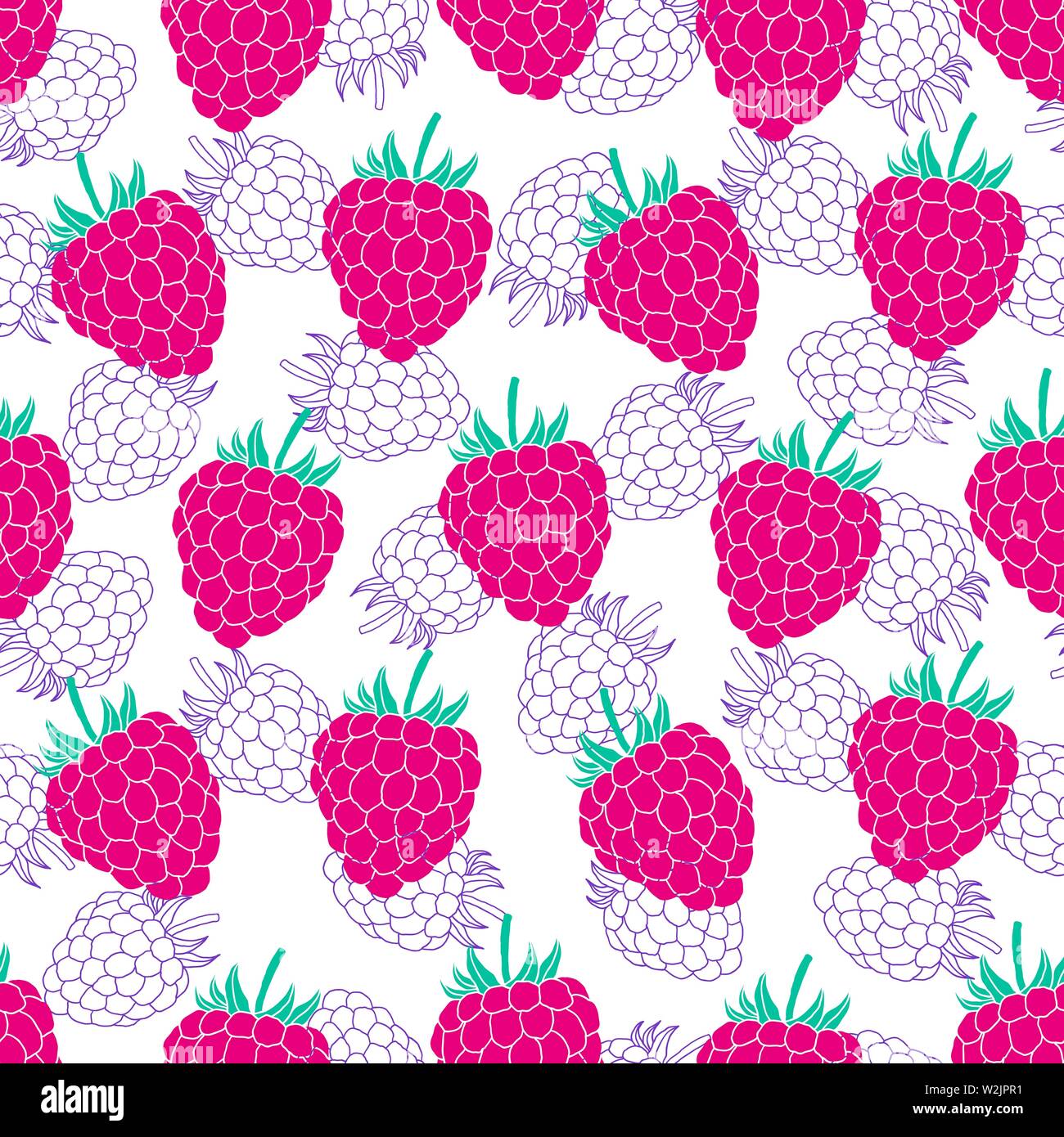 Nahtlose Muster mit Himbeeren auf weißem Hintergrund. Früchte Textur. Es perfekt für Gewebe, Umhüllung, Verpackung, digitales papier und mehr. Stock Vektor