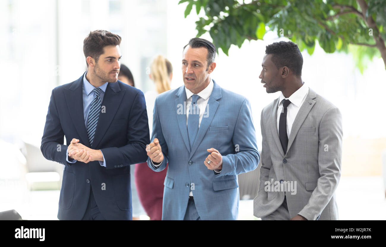 Diverse junge männliche Executive im Gespräch mit erwachsenen männlichen Executive Stockfoto