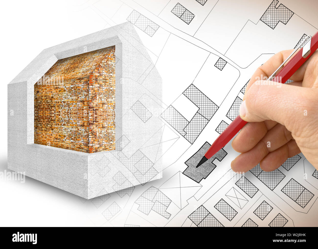 Wärmedämmung Design der alten Gebäude, die Energieeffizienz zu verbessern und die thermischen Verluste - 3D-Render Konzept Bild zu verkleinern. Stockfoto