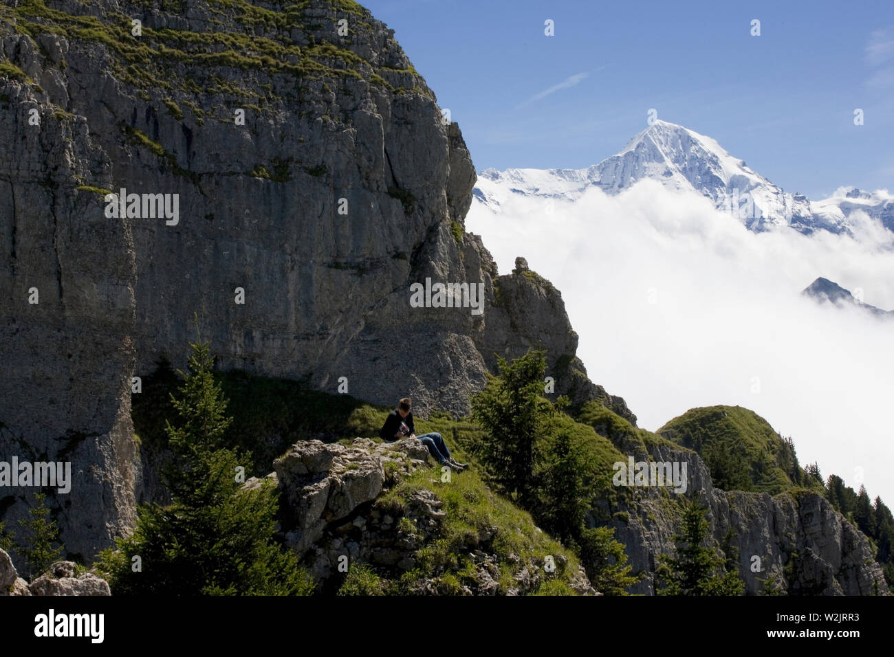 Wanderer ruht auf Schynige Platte, mit der Masse der Gumihorn auf der linken und die schneebedeckten Gipfel des Mönch jenseits: Berner Oberland, Schweiz Stockfoto