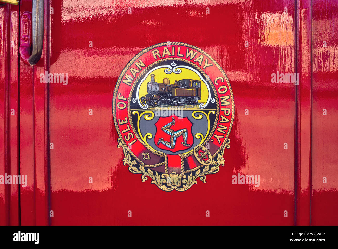 Insel Man Eisenbahngesellschaft Wappen oder Logo auf der Seite der Eisenbahnwagen Stockfoto