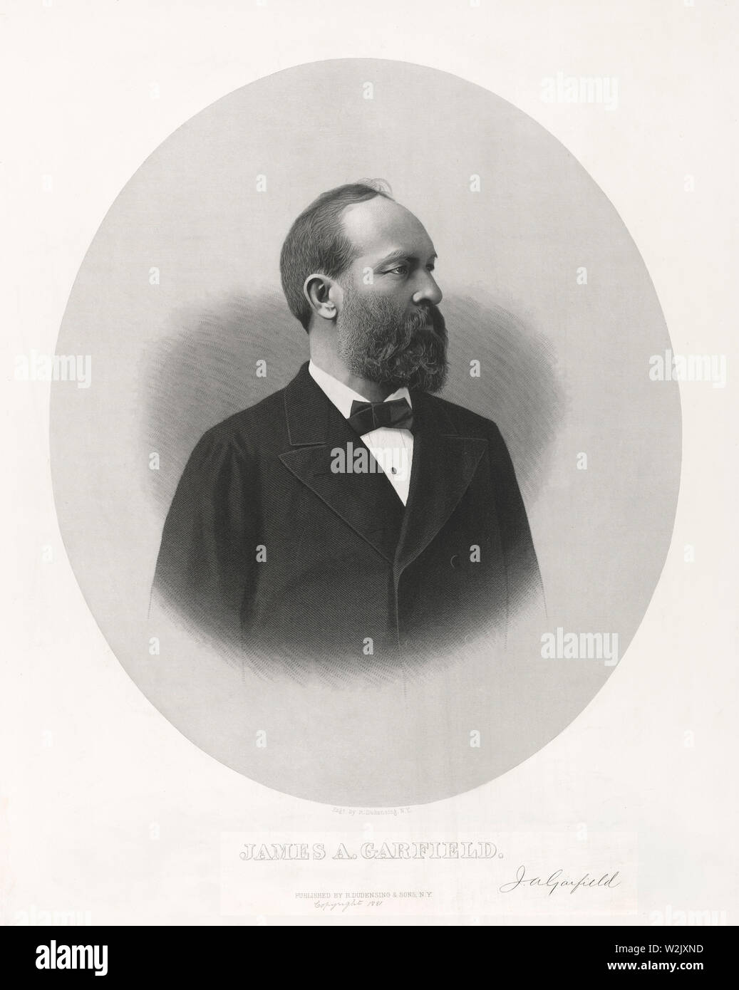 James A. Garfield (1831-81), 20. Präsident der Vereinigten Staaten, Kopf und Schultern Portrait, graviert und von R. Dudensing und Söhne, 1881 veröffentlicht. Stockfoto