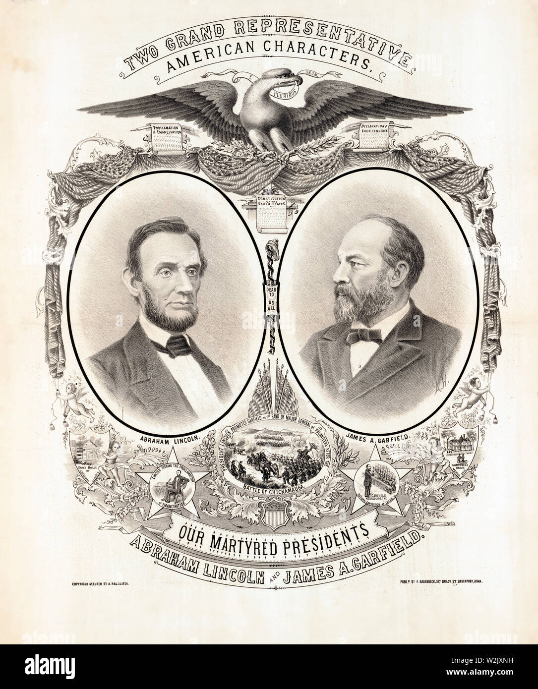 Zwei großartige Vertreter, Amerikanische Zeichen, Unsere ermordeten Präsidenten Abraham Lincoln, und James A. Garfield, August Hagenboeck, 1881 veröffentlicht. Stockfoto