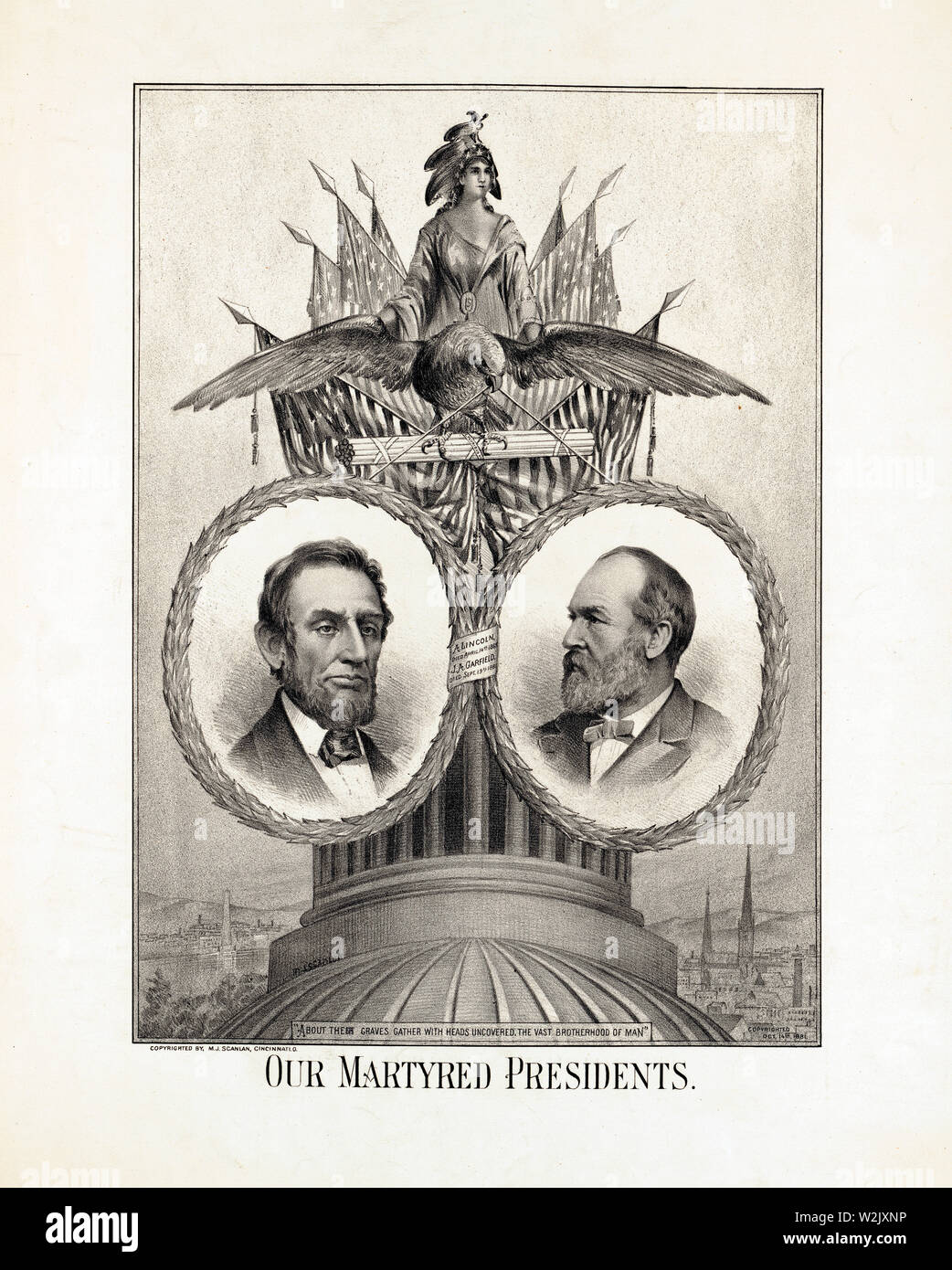 Unsere ermordeten Präsidenten, Porträts von Abraham Lincoln und James Garfield in ovalen Kränze durch einen Adler, Lithographie, M.J. gehalten Scanlon, 1881 Stockfoto
