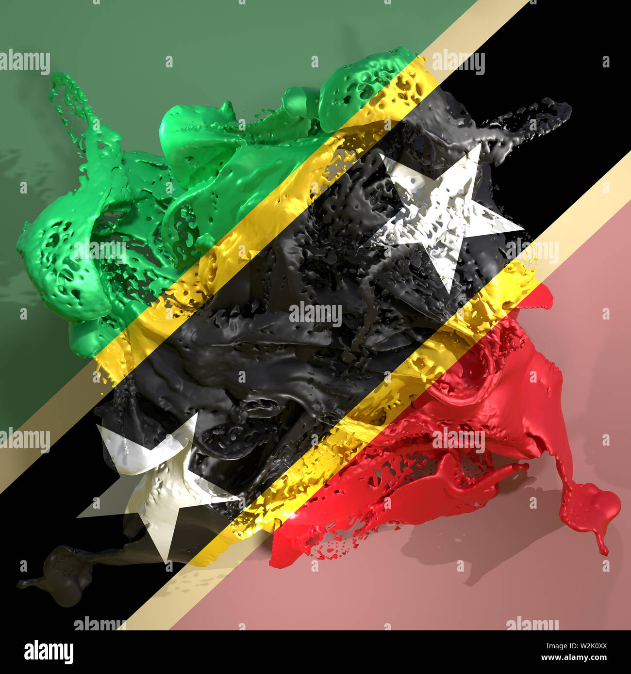 3D-Rendering für eine Saint Christopher und Nevis land Flagge in einer Flüssigkeit Flüssigkeit. Stockfoto