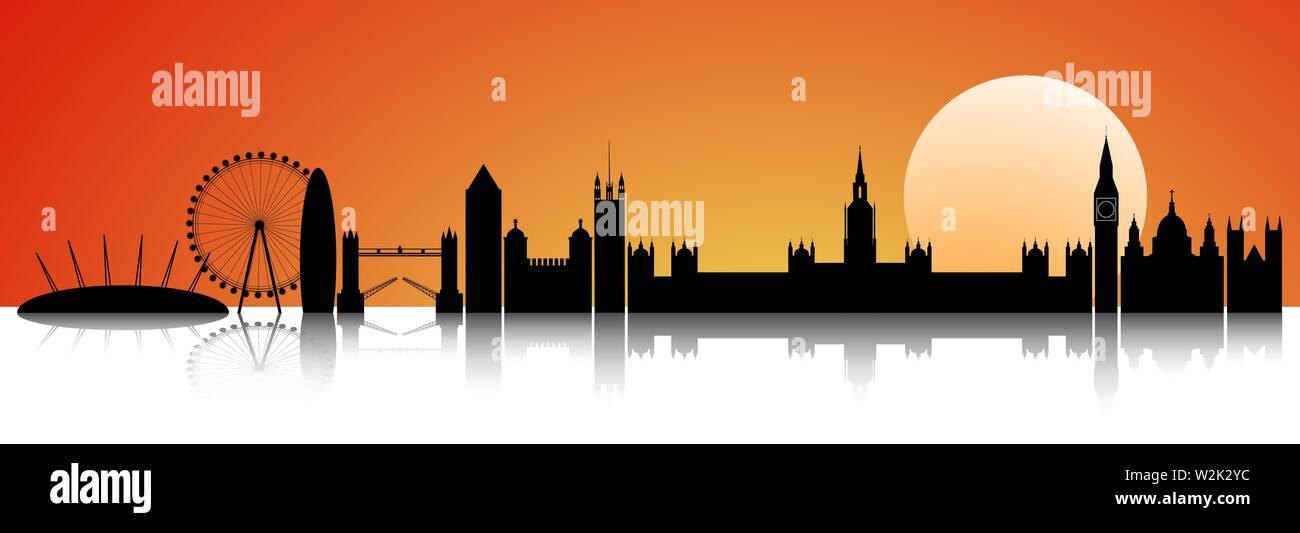 Der Londoner City am Horizont. Die Linie der Stadt vor dem Hintergrund eines sonnigen Sonnenuntergang. Stock Vektor