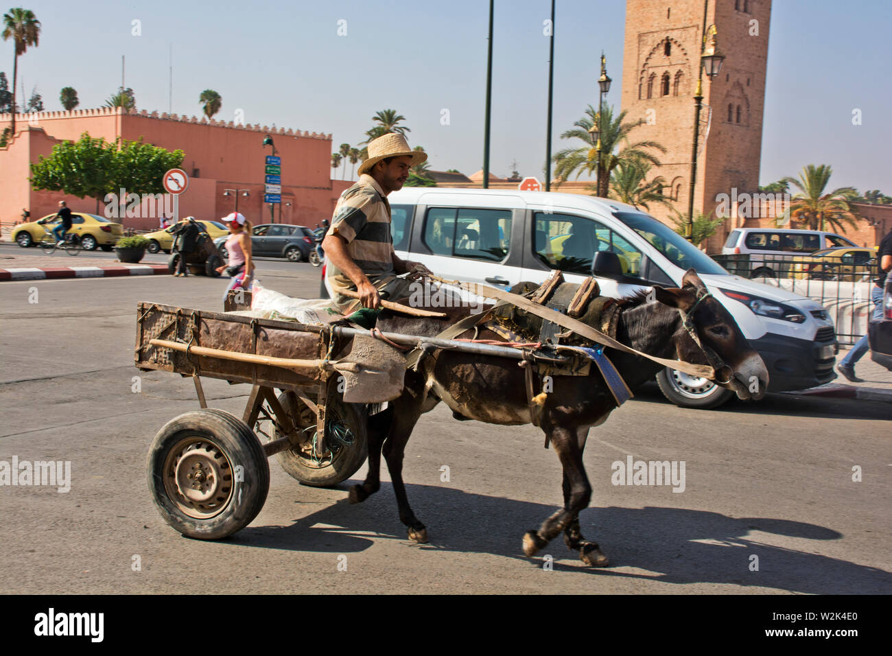 Esel und Warenkorb in den Straßen von Marrakesch, Marokko arbeiten Stockfoto