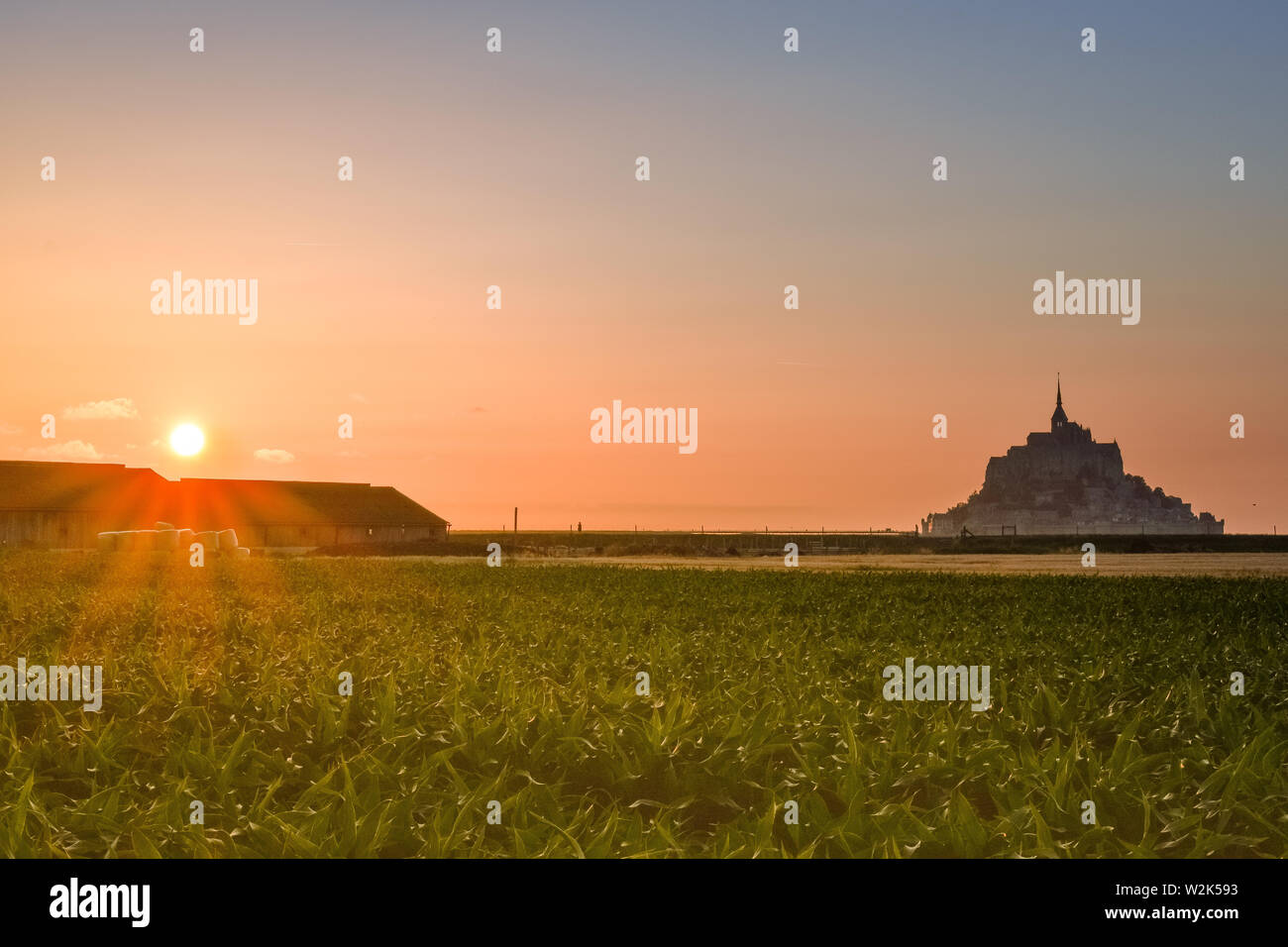 Silhouette bei Sonnenuntergang vom Ackerland von Mont Saint Michel, Frankreich Stockfoto