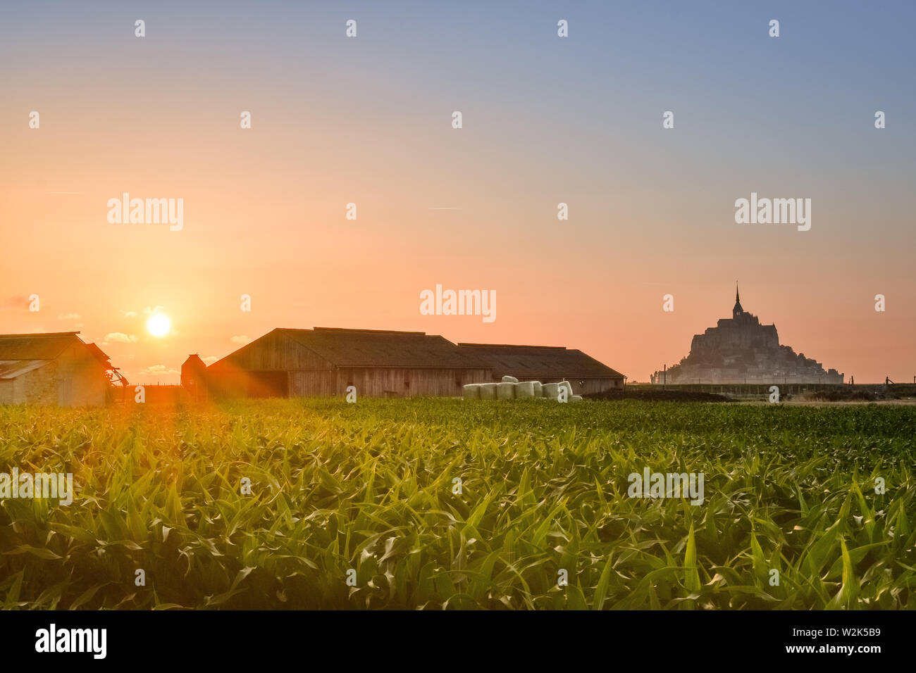 Silhouette bei Sonnenuntergang vom Ackerland von Mont Saint Michel, Frankreich Stockfoto