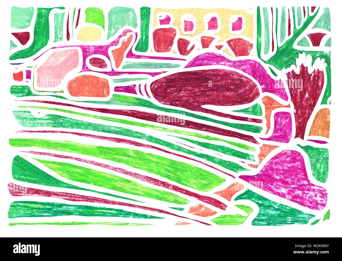 Farbenfrohe abstrakte Hintergrund. Eine Collage aus geometrischen Formen, Grün, Pink, Orange, Violett, weinrot, braun im mexikanischen Stil auf einem weißen Hintergrund. Te Stockfoto