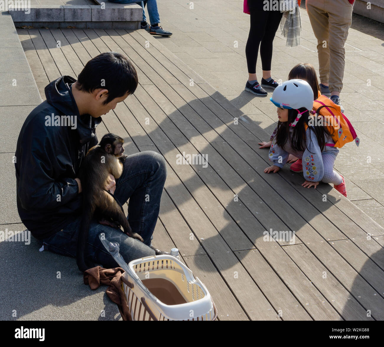 Der Affe wir bei Ueno Park schien glücklich mit neugierigen Kindern und Erwachsenen zu interagieren, sondern sah sie in Gefangenschaft hat uns sehr unangenehm. Stockfoto