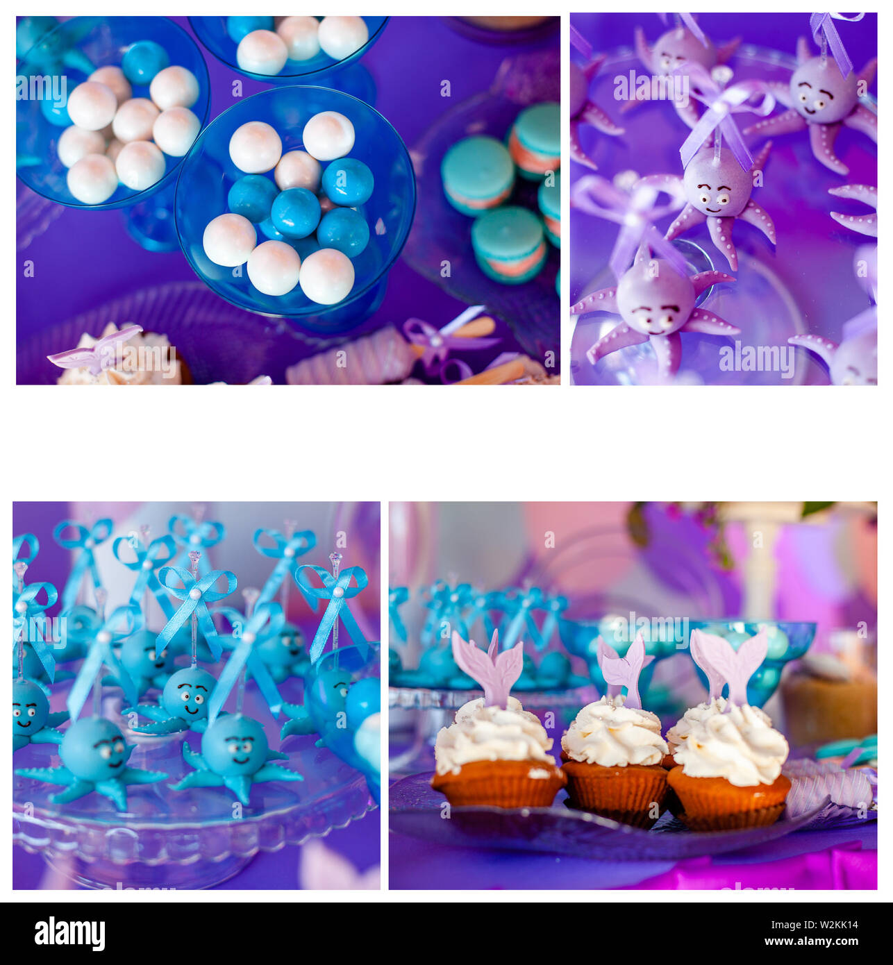 Meer und Sommer Thema für Party oder Geburtstag. Collage von fünf Bilder von Süßigkeiten, Cupcakes, pop Kuchen. Stockfoto