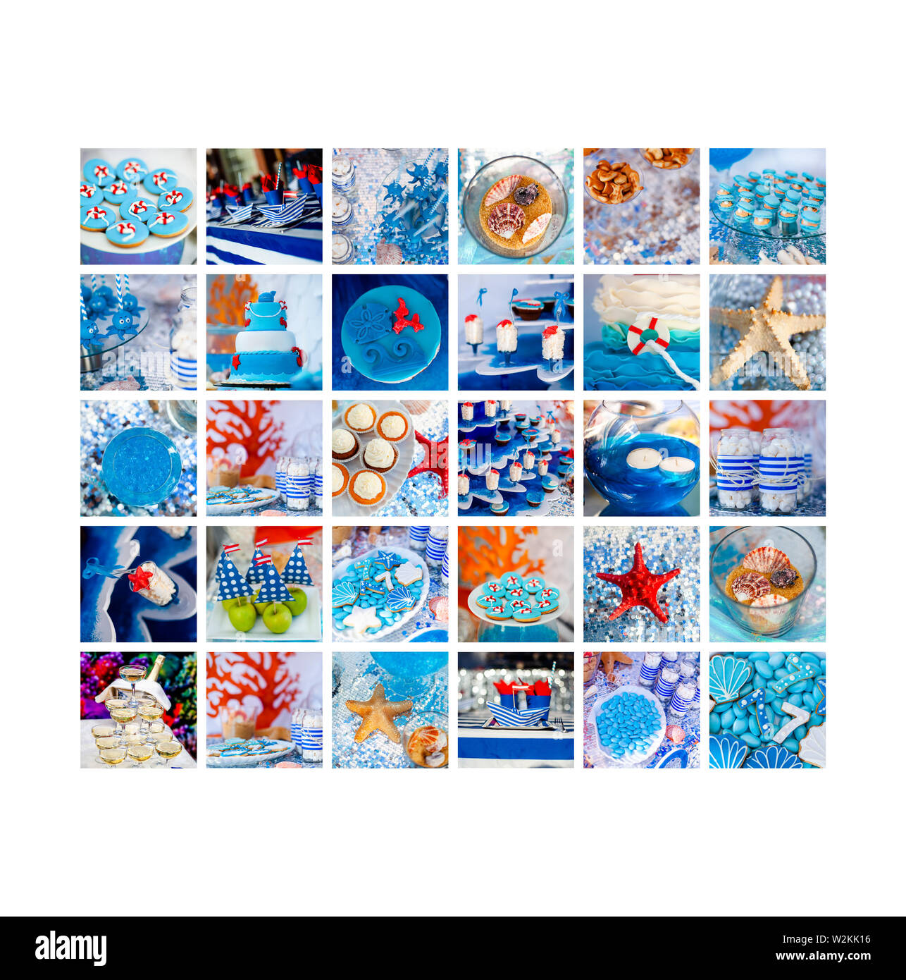 Meer und Sommer Thema für Party oder Geburtstag. Collage von fünf Bilder von Süßigkeiten, Cupcakes, pop Kuchen. Stockfoto