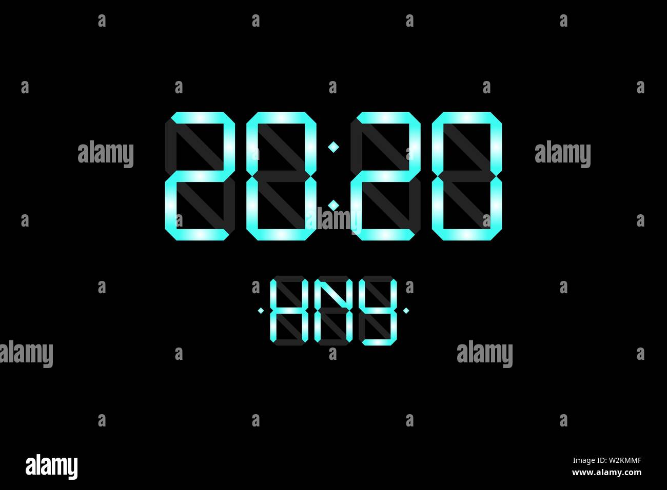 Happy New Year Karte mit lcd Electronic display Uhr Zahlen 2020 und hny Hellblau gradient Buchstaben auf schwarzem Hintergrund. Frohe Weihnachten celebratio Stock Vektor