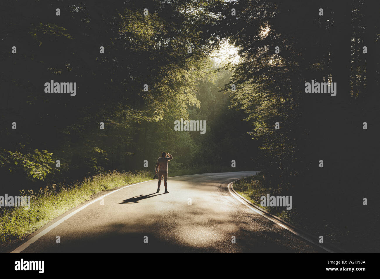 Wanderer zu Fuß auf der Straße in einem schattigen Wald. Morgen Sonnenstrahlen durch die Bäume auf die Straße kommen. Stockfoto