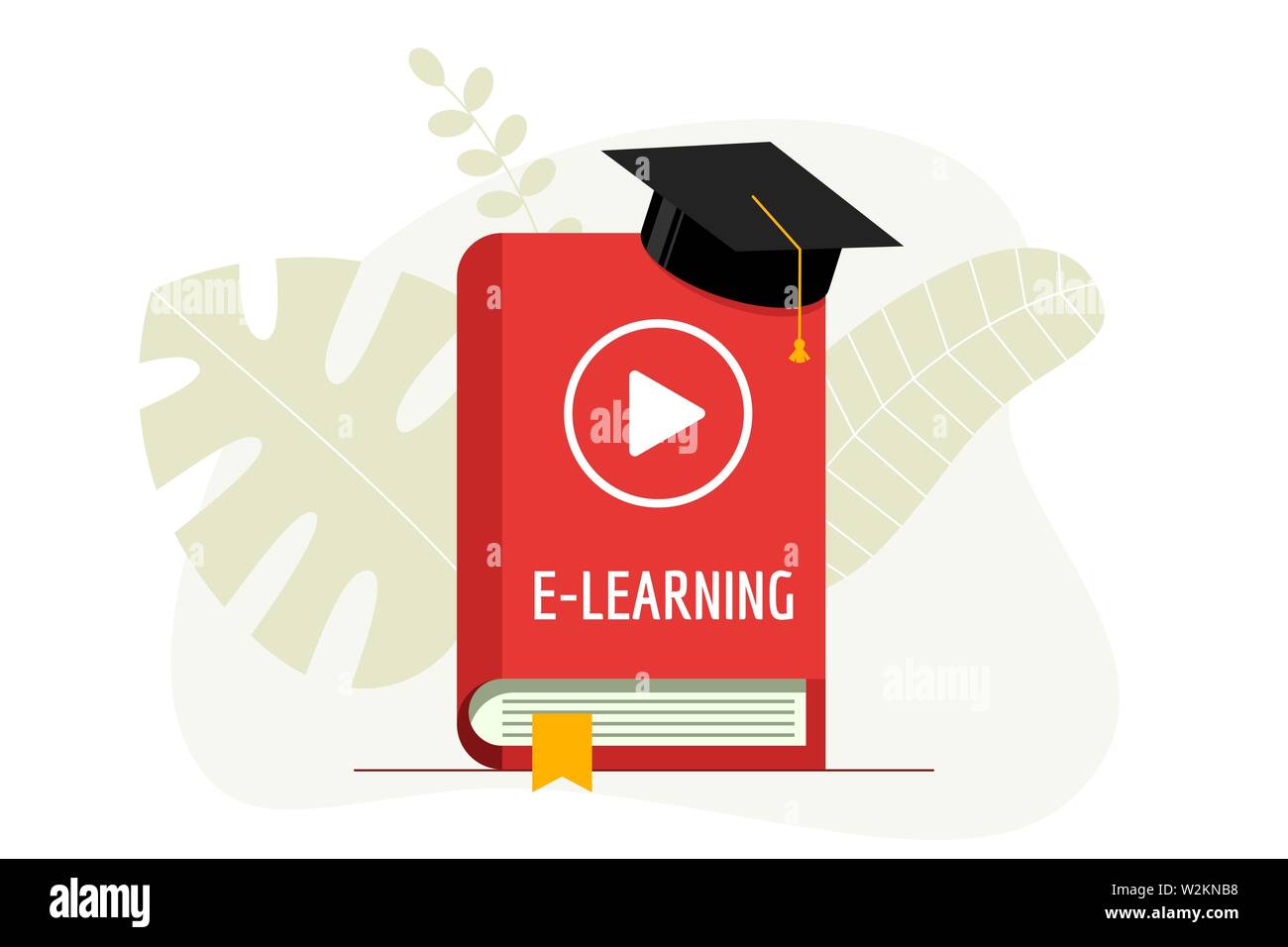 E-Learning mit Play-Video-Symbol auf rotem Titelbuch und Abschlusskappe. Academy hat auf Online-Bildung Studium und Internet-Lehre Hausaufgaben Webinar-Konzept. Vektorgrafik flach Stock Vektor