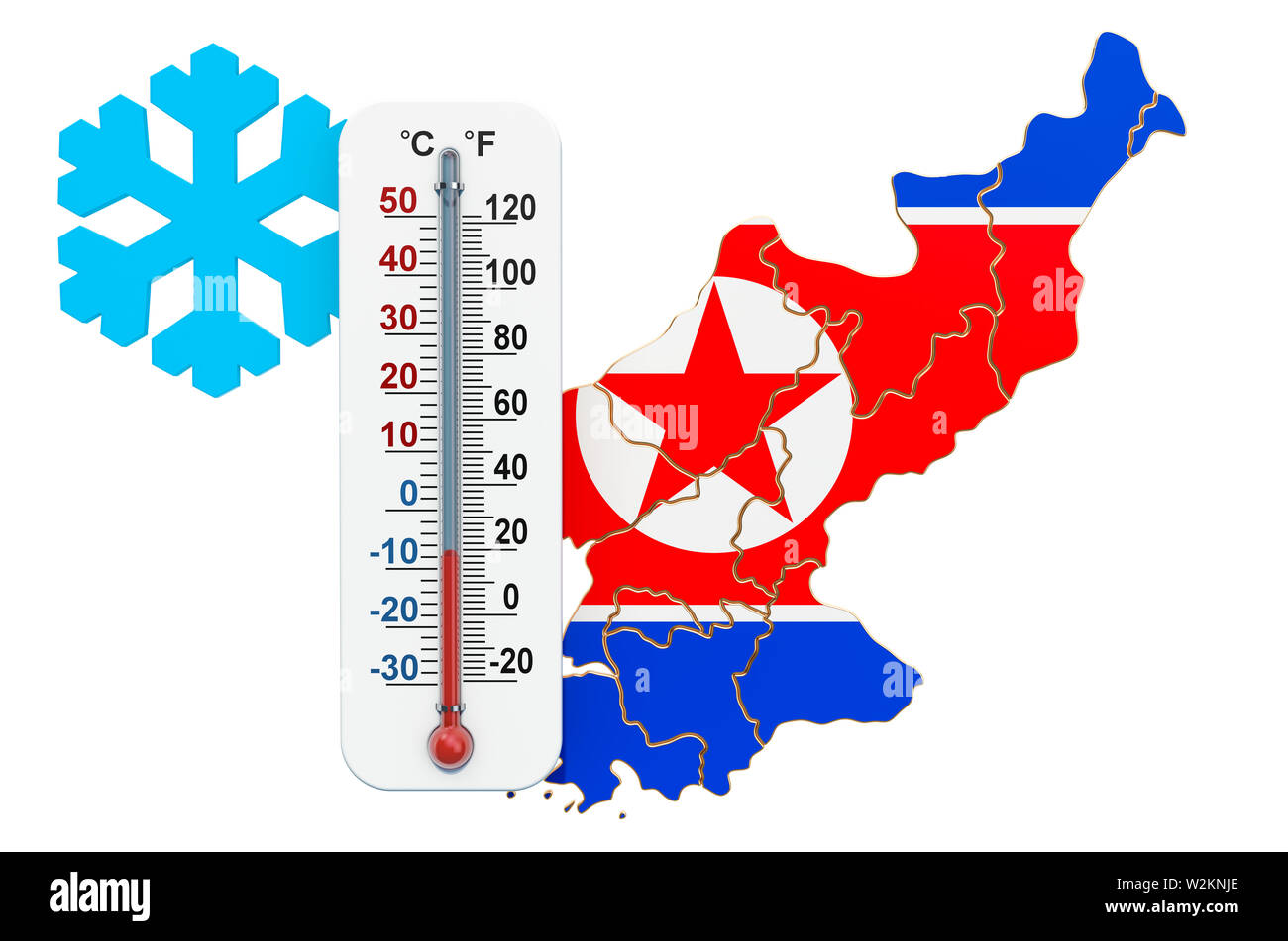 Extreme Kälte in Nordkorea Konzept. 3D-Rendering auf weißem Hintergrund Stockfoto