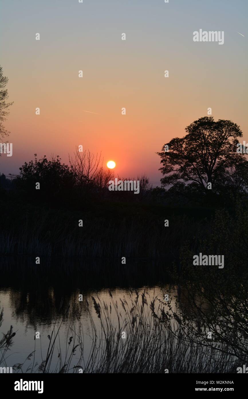 Bilderserie eines Sonnenuntergangs über einem englischen Fluss mit Silhouettenplänen und Bäumen im Herbst. Stockfoto