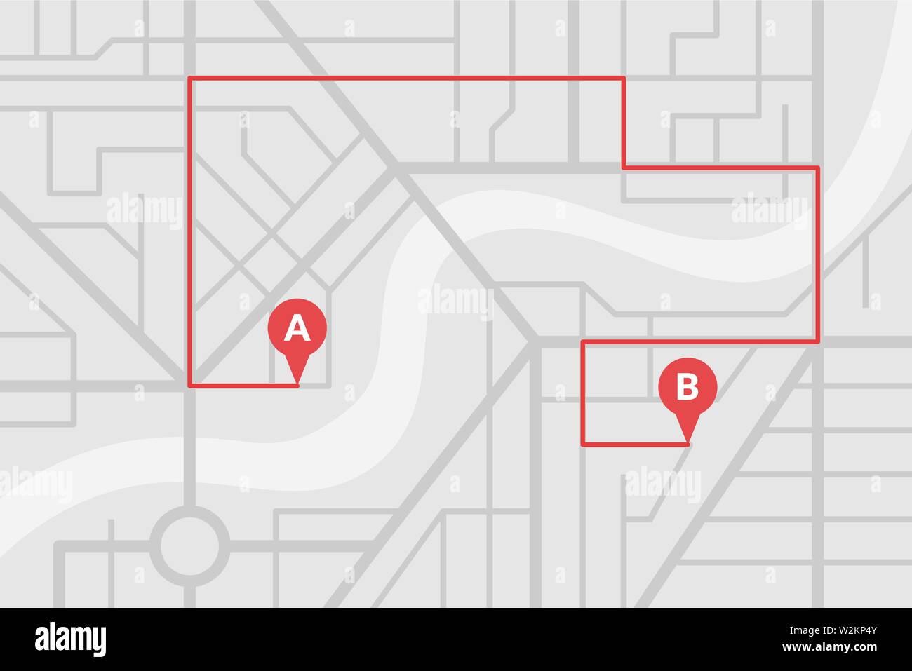 Stadt Stadtplan plan mit GPS-Pins und Navigation Route von A nach B Punkt Marker. Vector Farbe grau eps Abbildung: Schema Stock Vektor