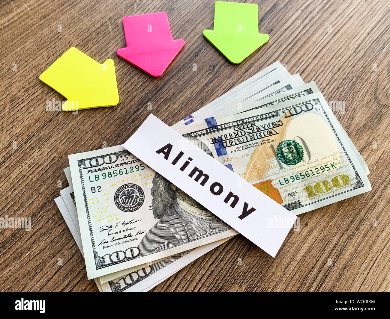 Zahlungen Alimente. Haufen Dollar mit Vorzeichen Alimente und Geld. Scheidung und Trennung Konzept Stockfoto