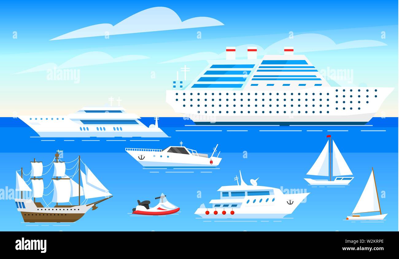 Meer Schiffe Hintergrund. Eingestellt von Segelbooten und Yachten Segeln auf blauem Wasser. Transport Seglern für Welt reisen. Sommer Poster oder Banner für eine Website Stock Vektor