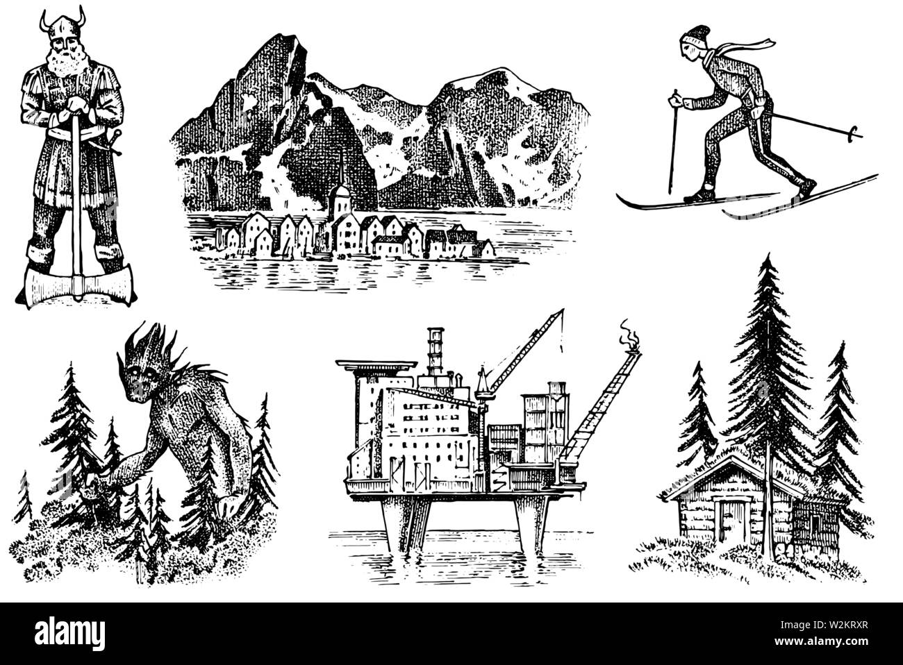 Norwegen Kultur. Nationale Symbole. Viking und Berge, Skifahrer und Architektur, der Ölförderung und ein Haus im Wald und fabelhafte Goblin Stock Vektor