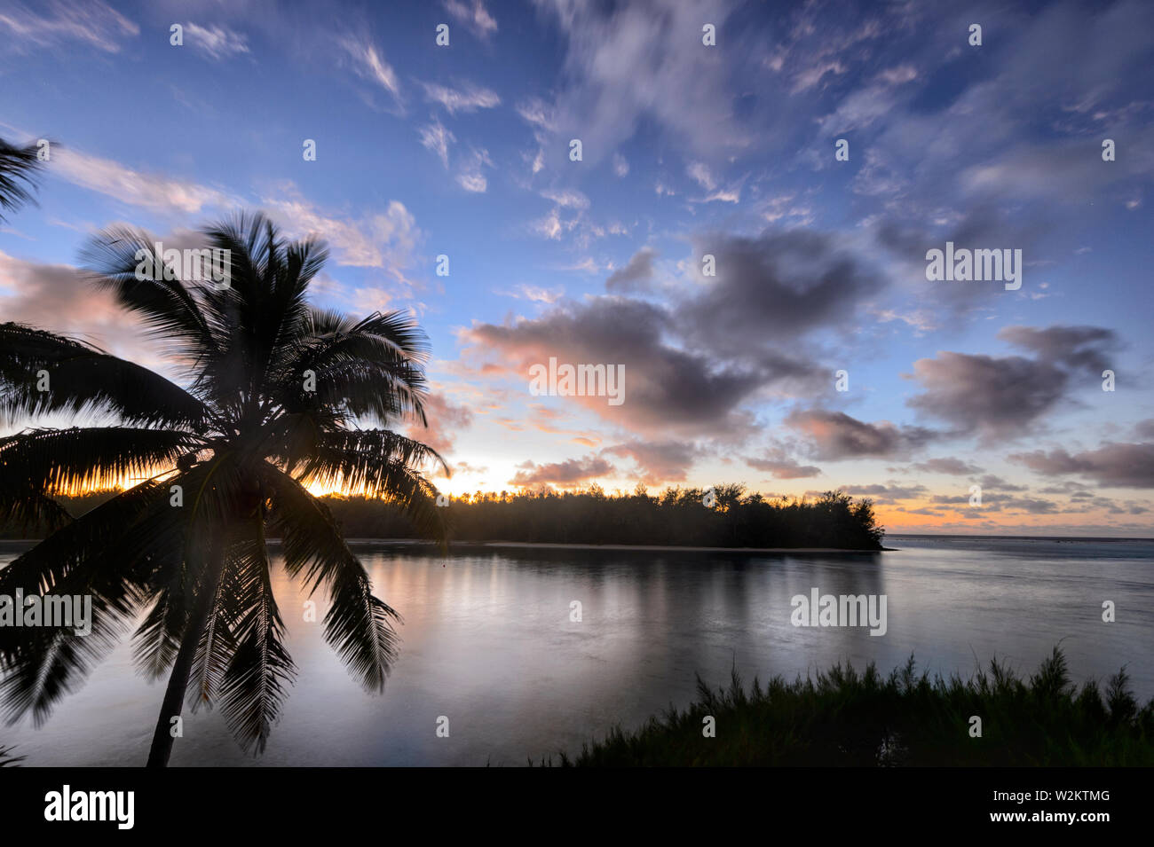 Atmosphärische Sonnenaufgang über Muri Strand und Lagune, mit einem rosa Himmel und eine Palme Silhouette, Rarotonga, Cook Inseln, Polynesien Stockfoto