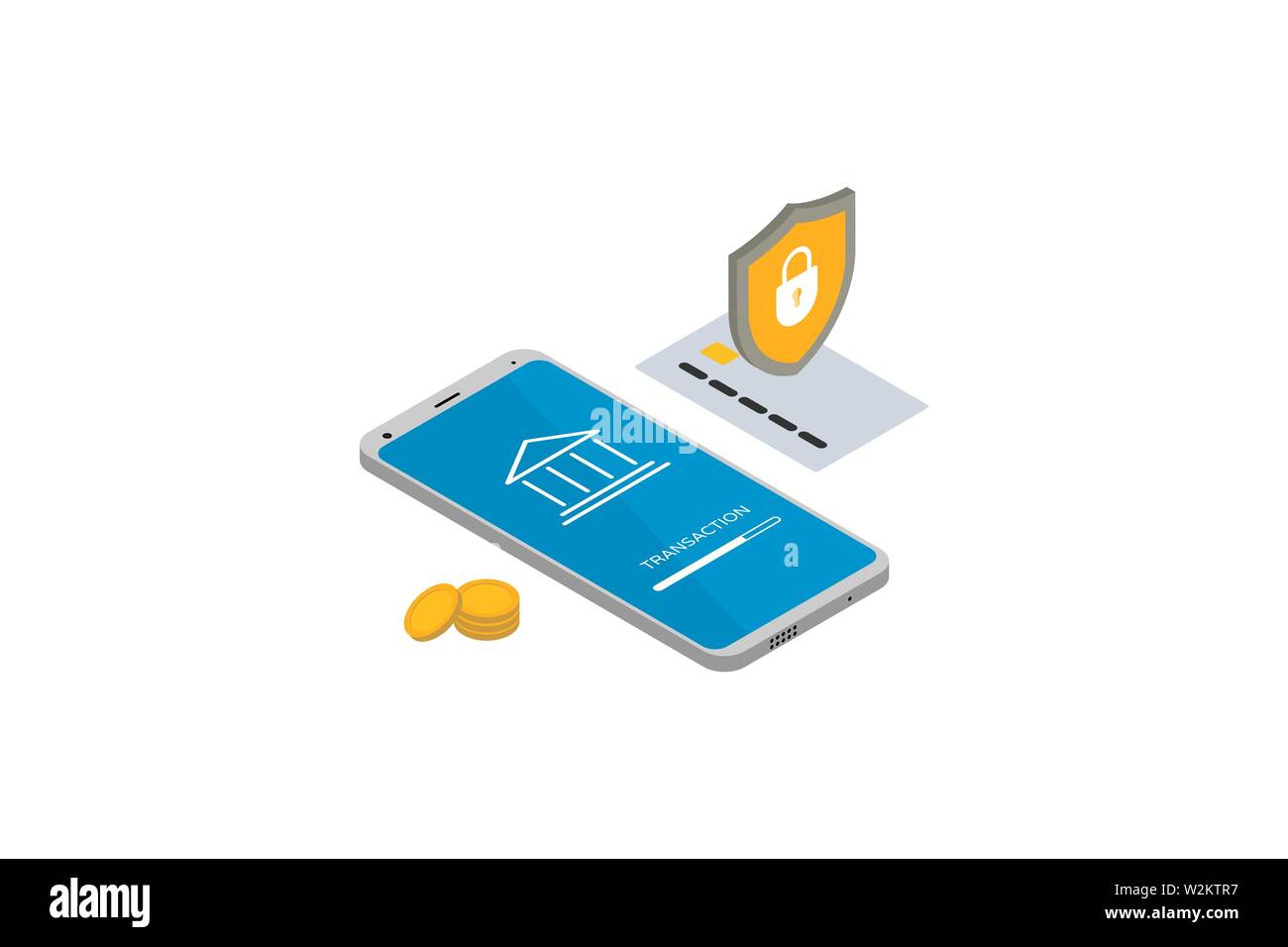 Online-Handy-Bank. Isometrisches 3d-Smartphone mit Bankkarte und Verschlussschild. Schutzkonzept für Geldtransfers. Senden und Empfangen von Münzen mit Handys und Kreditkarte. Vektorgrafik flach Stock Vektor