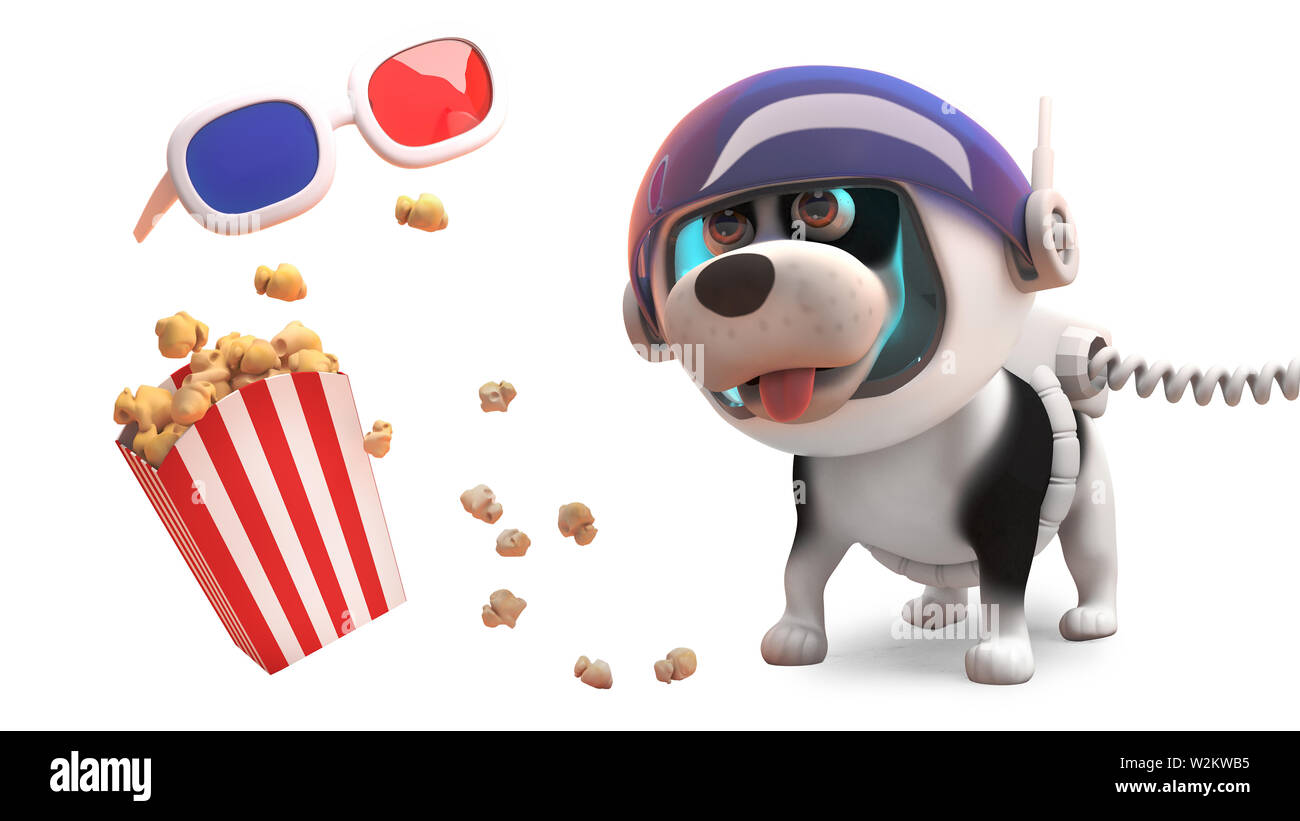 Lustige cartoon Space Dog auf dem Mars mit einer 3D-Brille und Popcorn, 3d-Grafik rendern Stockfoto