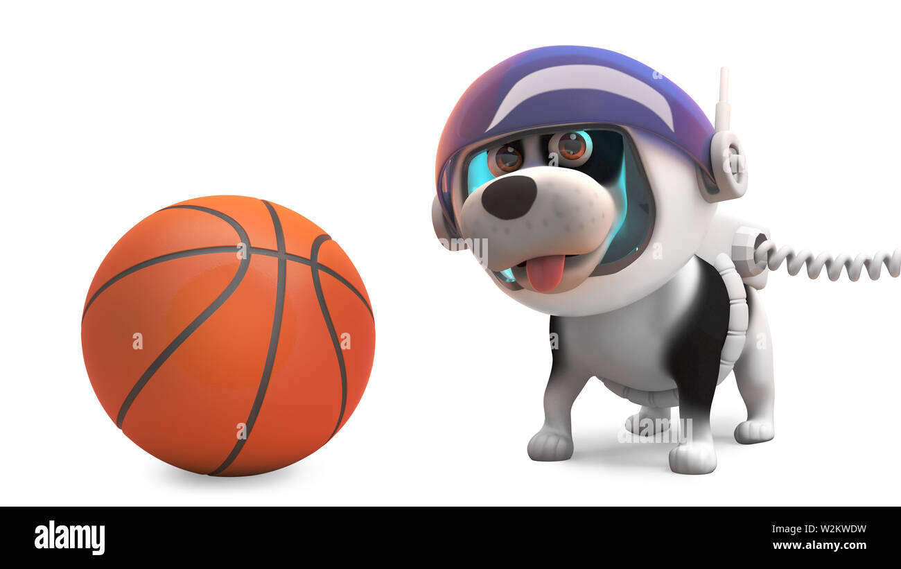 Lustig Welpe Hund im Raumanzug mit Basketball zu spielen, 3D-Grafik rendern Stockfoto