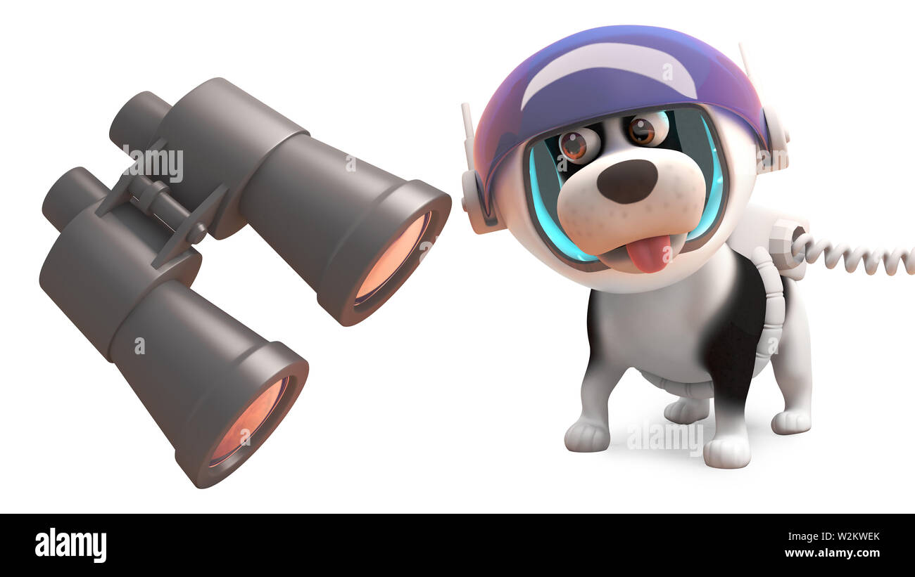 Lustige Space Dog im Raumanzug an ein Fernglas suchen, 3d-Grafik rendern Stockfoto