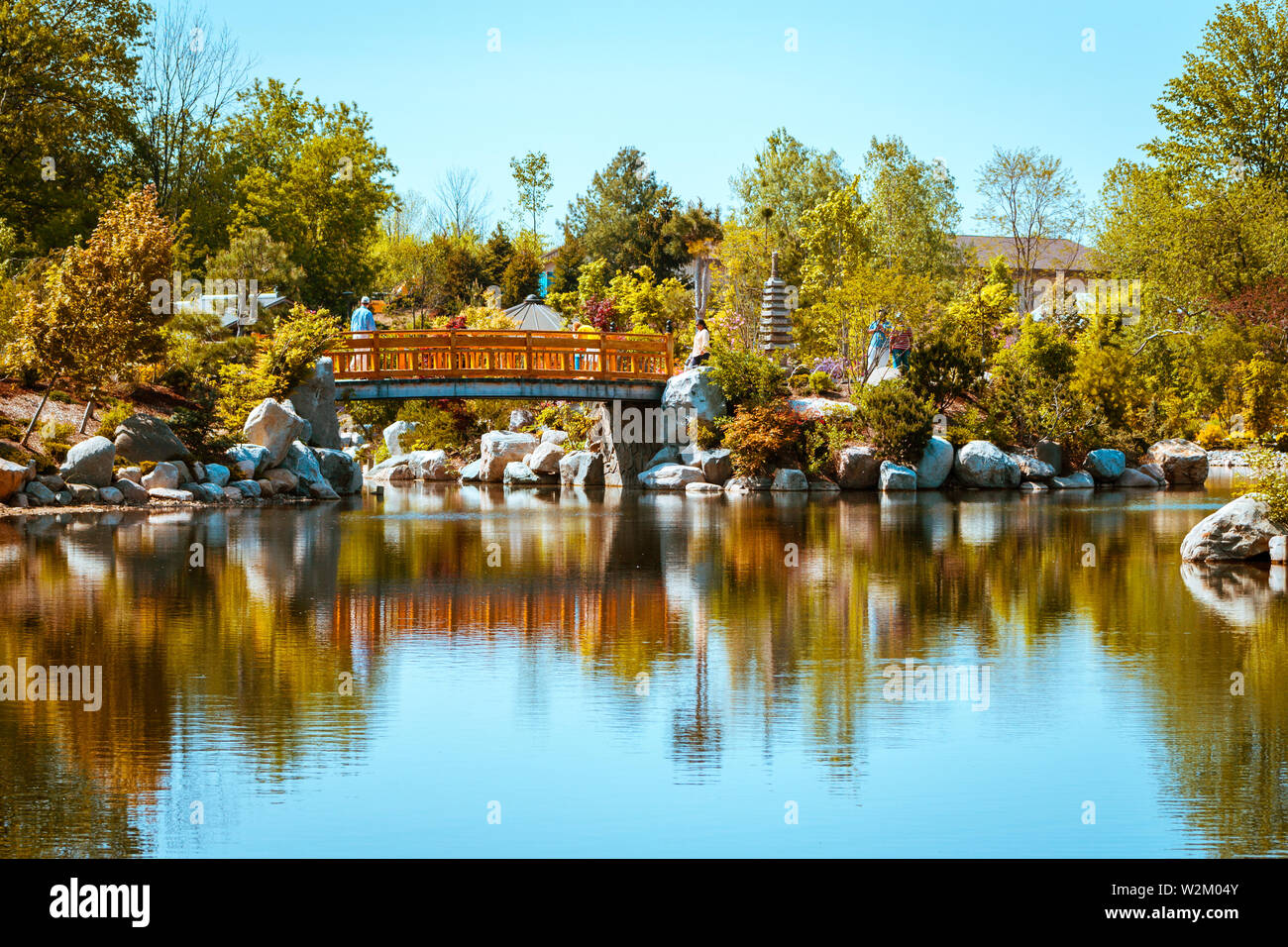 Die ikonische Brücke im Japanischen Garten in der Frederick Meijer Gardens an einem Frühlingstag in Grand Rapids Michigan Stockfoto