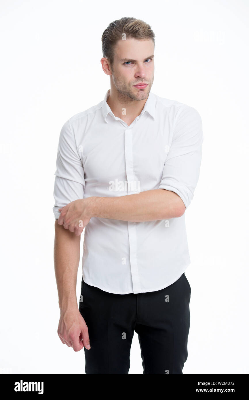 White collar worker. Mann gut gepflegt formale elegantes Shirt mit weißem Hintergrund. Kerl stattlich Büroangestellter. Die Arbeit formal Dress Code. Menswear formalen Stil. Klerikalen und mittleren Kette Management. Stockfoto