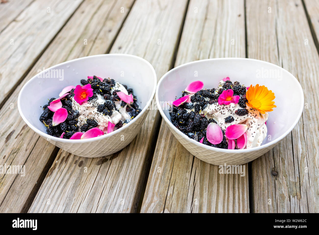 Portulak gelb und Calendula flower Eis garniert mit frischen schwarzen Maulbeeren Beeren und Chia Samen mit rosa Rosenblättern Stockfoto