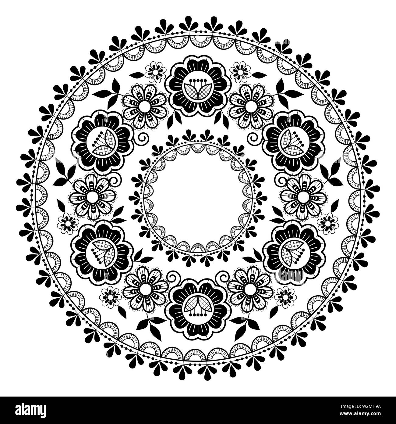 Runde Spitze Vector schwarz Muster, retro Mandala Design mit Blumen und wirbelt auf weißem Hintergrund. Schöne schwarzweiß Hochzeit Lace Hintergrund Stock Vektor