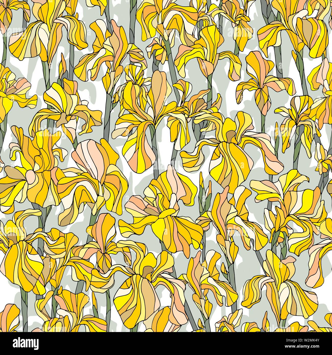 Iris blumen Hand gezeichnet Vektor nahtlose Muster. Natur Gelbe Blütenblätter Hintergrund im modernen Stil. Blumen Elegante Textur für Surface Design, Textil, Stock Vektor