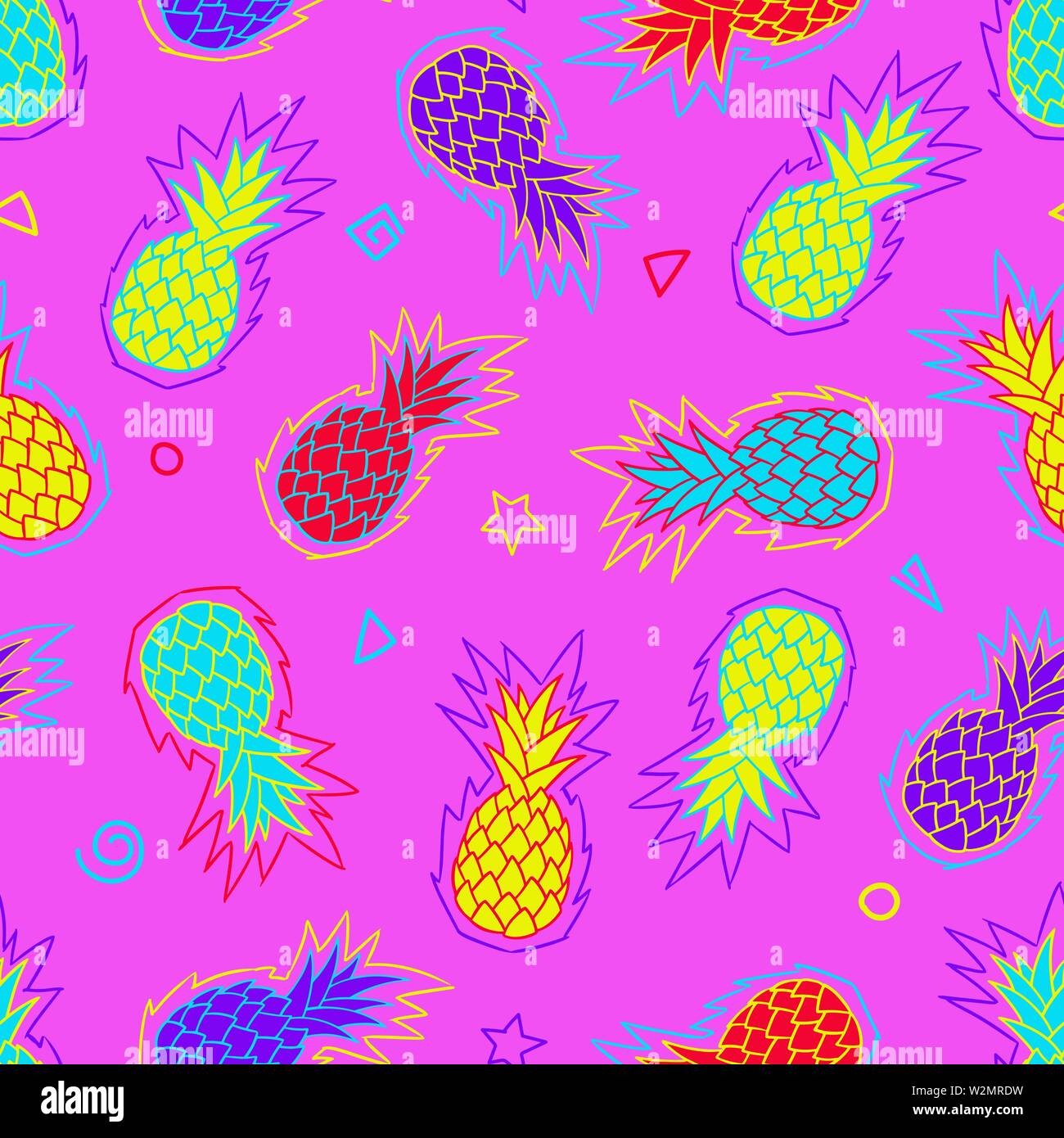 Ananas nahtlose Muster. Zine Kultur. Neon helle farbige Muster. Vector Illustration Hintergrund. Für Druck-, Textil-, Web-, Home Decor, Mode, Stock Vektor