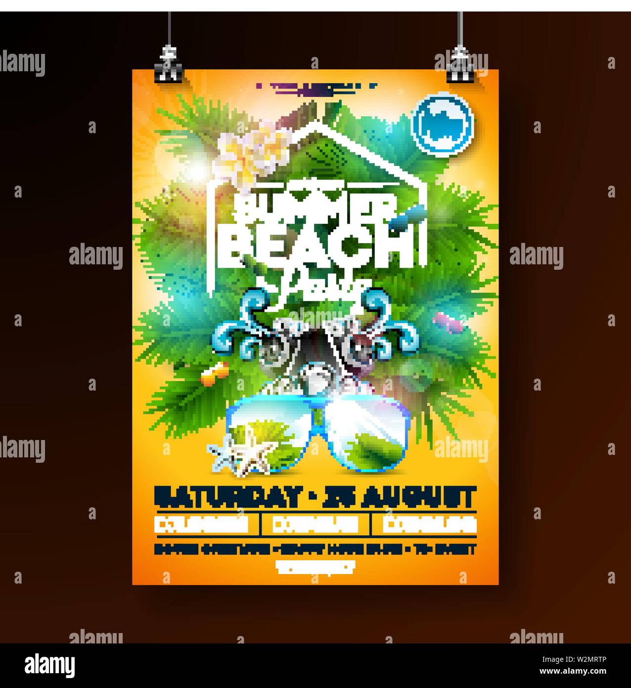 Sommer Beach Party Flyer Design mit Blume, Rettungsring und Sonnenbrille auf gelben Hintergrund. Vektor Sommerfest Design Template mit der Natur Stock Vektor