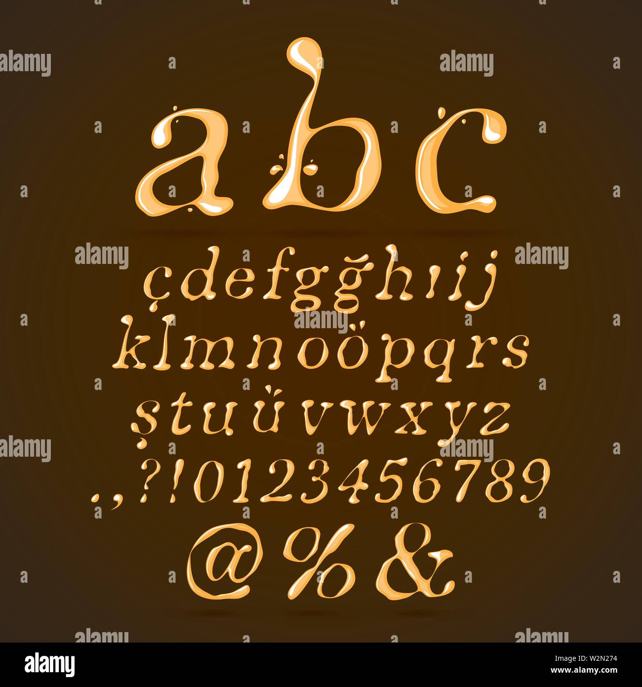 Bier, Honig und Karamell Alphabet Großbuchstaben Kursiv Stock Vektor
